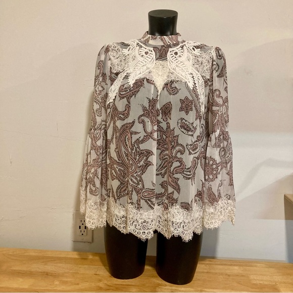 LOFT Tops - Loft Bohemian Sheer Bell Sleeve Lacy Blouse Paisley Pink Purple Off-White Small